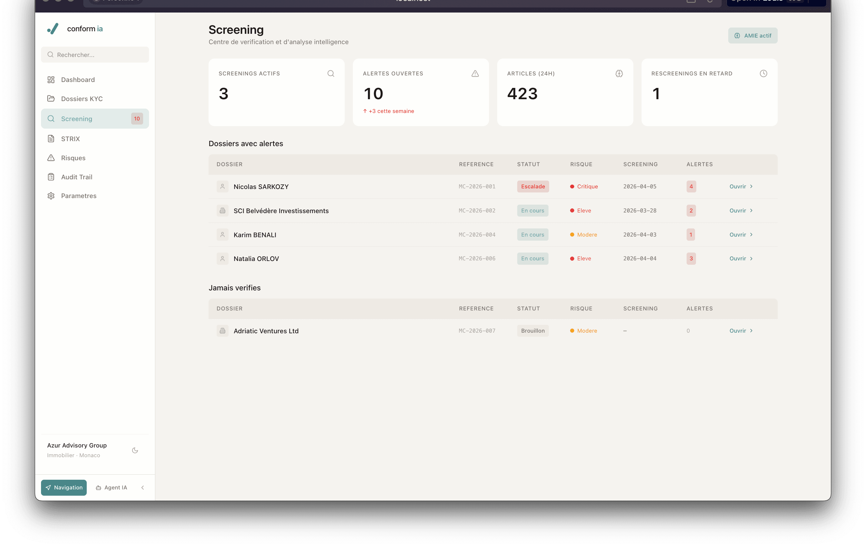 Screening multi-source, résultats OFAC, PEP, sanctions