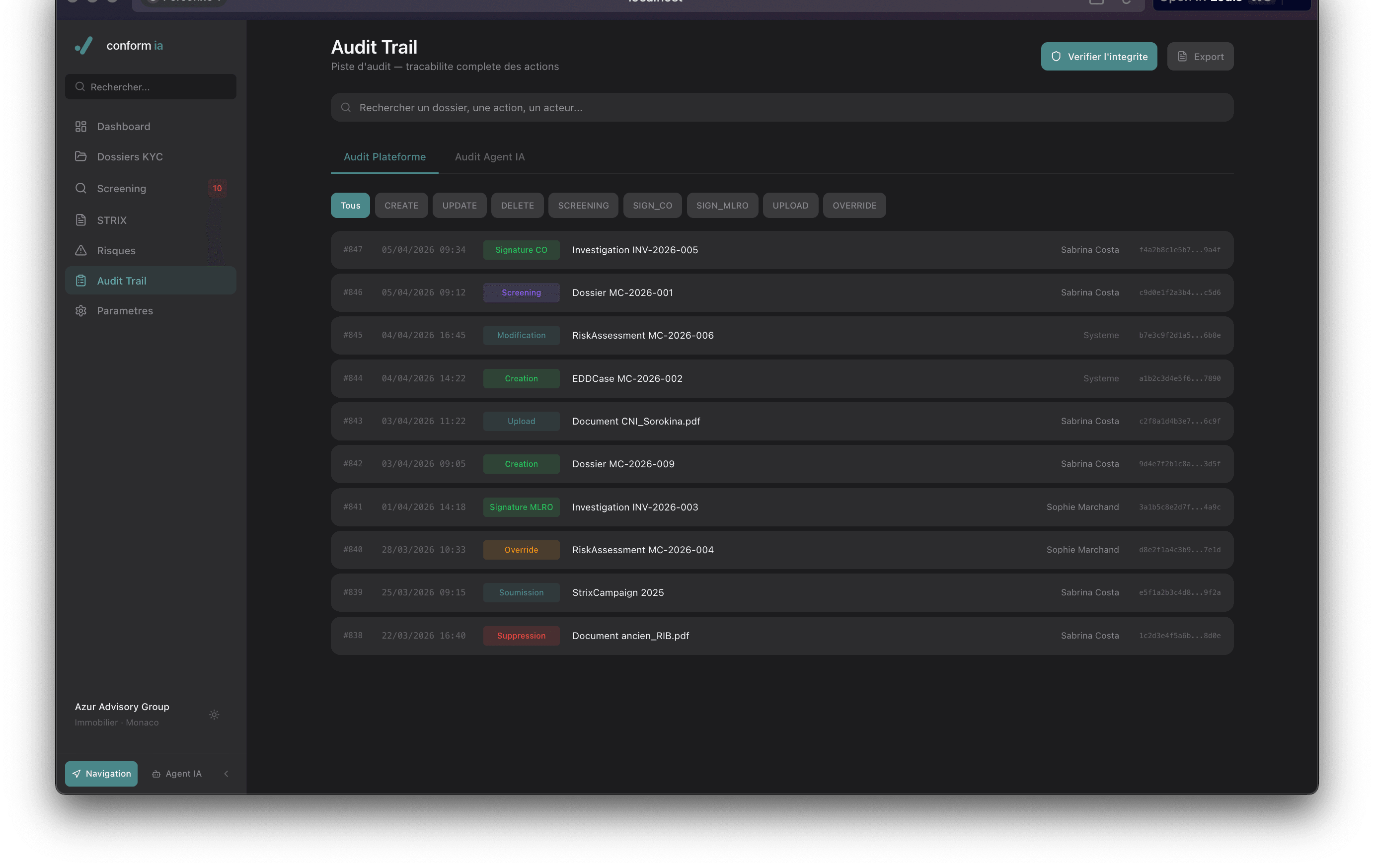 Audit Trail, piste d'audit immutable SHA-256